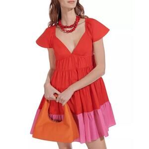 STAUD Red and Pink Colorblock Mini Dress